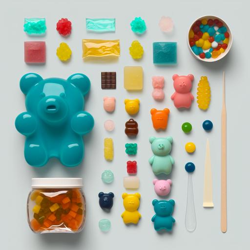knolling, flat lay collection of mini teddy and gummy bears --v 4
