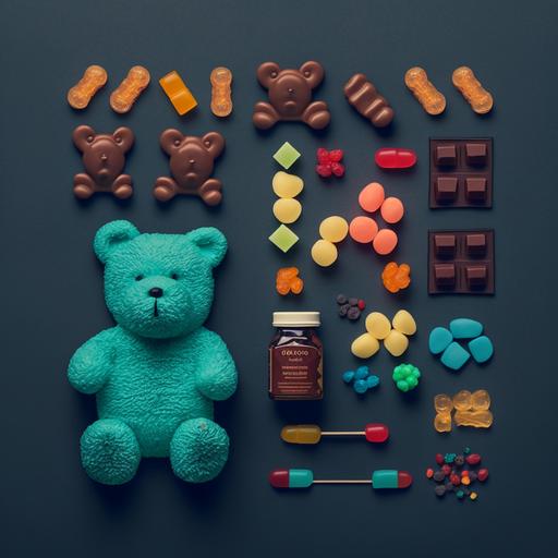 knolling, flat lay collection of mini teddy and gummy bears --v 4