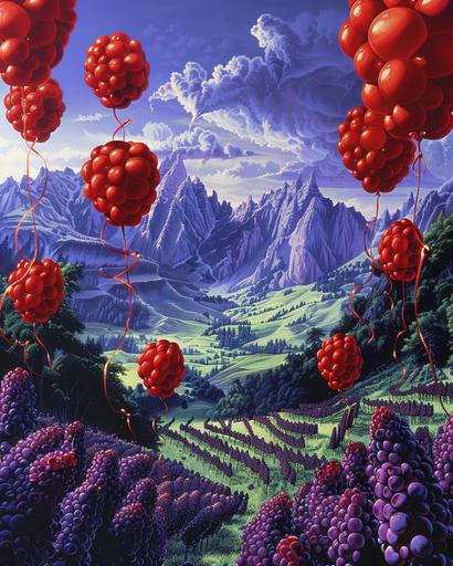 99 red balloons with red ribbon go by through purple grape mountains majesty above the fruity coco puff cereal islands, detailed, photography lisa frank moebius --ar 4:5