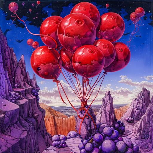 99 red balloons with red ribbon go by through purple grape mountains majesty above the fruity coco puff cereal islands, detailed moebius