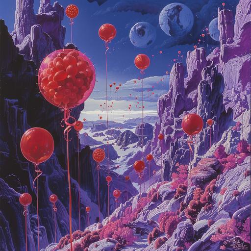 99 red balloons with red ribbon go by through purple grape mountains majesty above the fruity coco puff cereal islands, detailed moebius