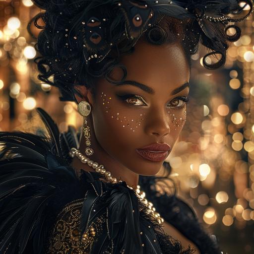 A stunning portrait of an African American model exuding elegance magnificent black swan costume covered with intricate feathers, with a delicate pearl necklace. Art deco clothing, glows with an ethereal radiance, background consists of a dreamy, illuminated cityscape, --s 250 --v 6.0