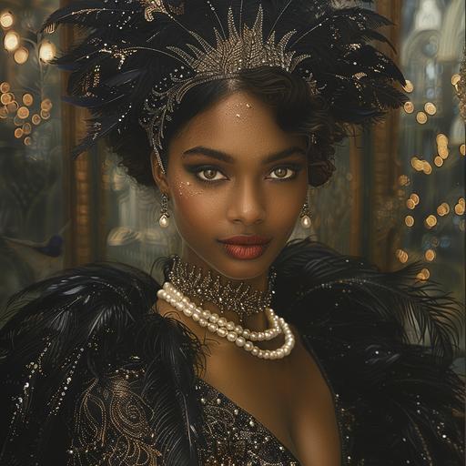 A stunning portrait of an African American model exuding elegance magnificent black swan costume covered with intricate feathers, with a delicate pearl necklace. Art deco clothing, glows with an ethereal radiance, background consists of a dreamy, illuminated cityscape, --s 250 --v 6.0