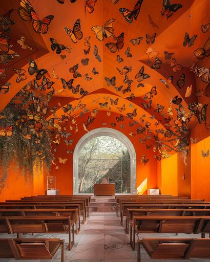 Metaphorically the gates of hell can not prevail against the builded mid-century modern butterfly church Interior cornucopia of butterflies in an orange marbled sanctuary photography ian mcque --ar 4:5