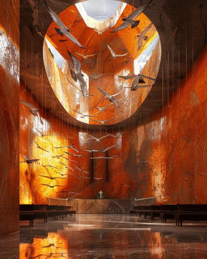 Metaphorically the gates of hell can not prevail against the builded mid-century modern dove church Interior cornucopia of doves in an orange marbled sanctuary photography ian mcque --ar 4:5