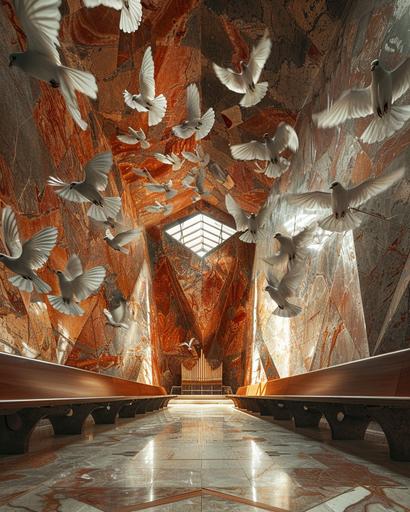 Metaphorically the gates of hell can not prevail against the builded mid-century modern dove church Interior cornucopia of doves in an orange marbled sanctuary photography ian mcque --ar 4:5