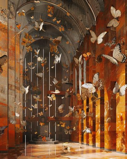 Metaphorically the gates of hell can not prevail against the builded mid-century modern butterfly church Interior cornucopia of butterflies in an orange marbled sanctuary photography ian mcque --ar 4:5