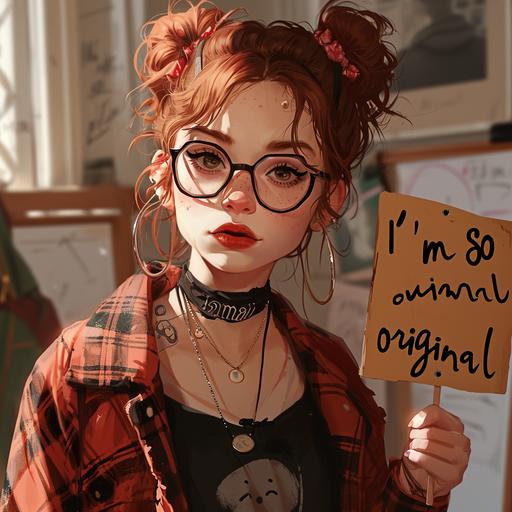 a hipster art student holding a sign that says, 