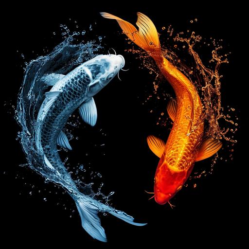 hot vs cold fire and ice koi fish black water splash black background , Concept art vibrant 3d , --s 250 --v 6.0