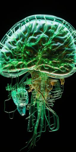 in outer space a brain is the green holographic wire frame with no artistic creativity of its own viewed through an electron microscope --ar 1:2