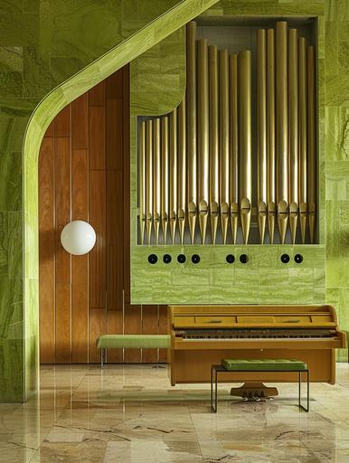 mid-century modern giant pipe organ inlaid in lime green marble wallpaper photo --ar 3:4 --s 250 --v 6.0