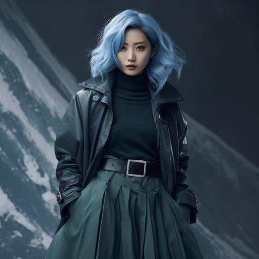 korean girl,full body shot,blue hair,standing shot,head to toe,21 years old,in winter suit style,tite skirt,modernism fashion,model styling,full body shot,cinematic shot,realistic photo.