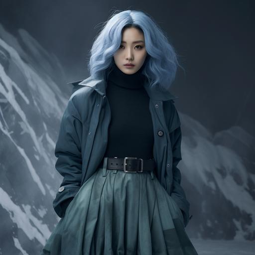 korean girl,full body shot,blue hair,standing shot,head to toe,21 years old,in winter suit style,tite skirt,modernism fashion,model styling,full body shot,cinematic shot,realistic photo.
