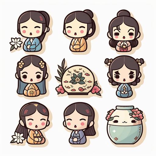 korean traditional cartoon characters, Sticker, Adorable, Pastel, Minimal, Contour, Vector, White Background, Detailed