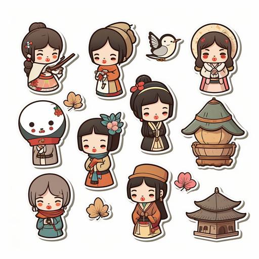 korean traditional cartoon characters, Sticker, Adorable, Pastel, Minimal, Contour, Vector, White Background, Detailed