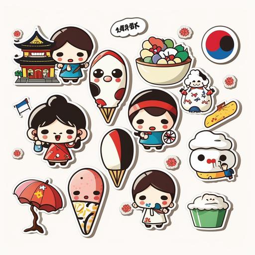 korean traditional cartoon characters, Sticker, Lovely, Primary Color, Street Art, Contour, Vector, White Background, Detailed
