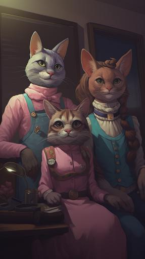 A family portrait scene of an anthropomorphic cat, her anthropomorphic cat husband, and their new anthropomorphic cat baby together. Relaxing in the living room, the three anthropomorphic cats smile happily at the beginning of their new life together. --ar 9:16