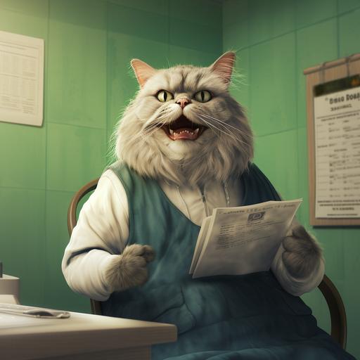 A scene of an anthropomorphic cat listening to the results of a pregnancy test in an examination room. The doctor gently tells the cat, whose expression is a mixture of surprise and joy, the results.--aspect 16:9