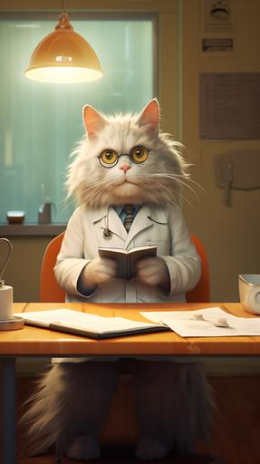 A scene of an anthropomorphic cat listening to the results of a pregnancy test in an examination room. The doctor gently tells the cat, whose expression is a mixture of surprise and joy, the results. --ar 9:16
