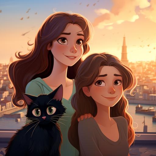 two realistic faced twins with blue eyes and brown hair. one girl has shoulder-length straight hair, the other girl has long straight hair. bright clothes. between them a black cat with green eyes sits. in the background is a view of the Bosphorus in Istanbul with seagulls and simit. Cartoon disney style, bright, 4k, 3d, light, colorful
