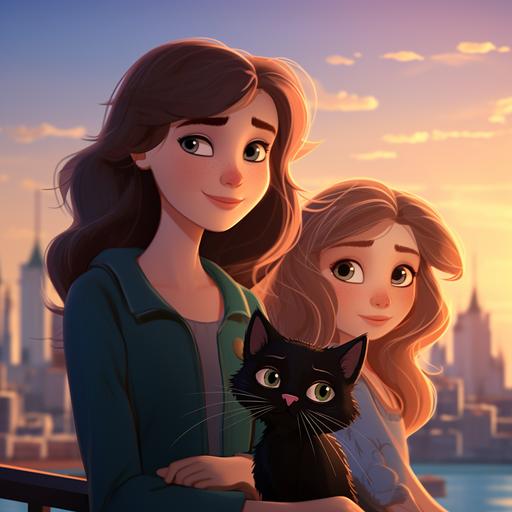 two realistic faced twins with blue eyes and brown hair. one girl has shoulder-length straight hair, the other girl has long straight hair. bright clothes. between them a black cat with green eyes sits. in the background is a view of the Bosphorus in Istanbul with seagulls and simit. Cartoon disney style, bright, 4k, 3d, light, colorful