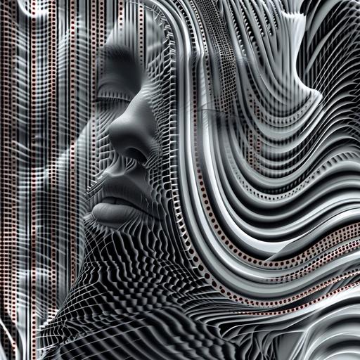 Create a pattern with a beautiful face ,,artistic abstract graphic design a black and white, RGB, no background ,3D , fantasy , art ,abstract ,modern art, clean lines, beautiful, soft, unique, anthropomorphic character design, embroideries on tulle ,8K, HD, soft ,beautiful,cyberpunk,8K,HD--ar 2:3 --v 6.0 --s 750