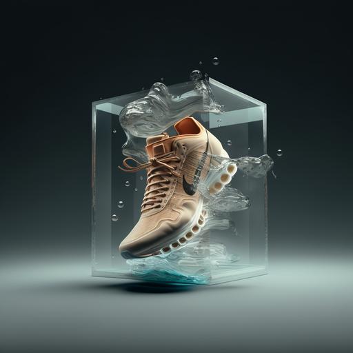 nike shoes on a box transparent water filled 8k realistic realism pale colors matte 3d render dynamic shot Cannon 5D 88mm shot