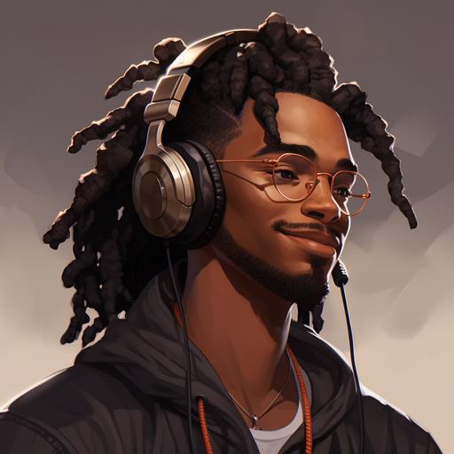 design me a profile picture of a lightskinned black man, shoulder length dreads, wide rim glasses, gaming headphones, gold stud nose ring, happy, anime style