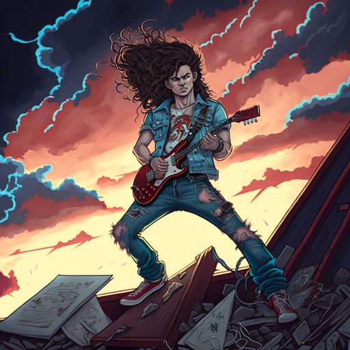 a teenager with brown curly long hair with a haircut of an 80's rock/metal star. He is playing a metal guitar. he is standing on the roof of a big motorhome. He is wearing ripped blue jeans, converse shoes and a ripped denim vest. The sky and background is color red color with clouds and few lightnings and there is a swarm of bat-like creatures.On the ground there are 4 rows of white tombstones in the shape of cross that are about 50cm tall. From the tombstones there are thin white strings attached going all the way to the sky. realistic --q 2 --v 4