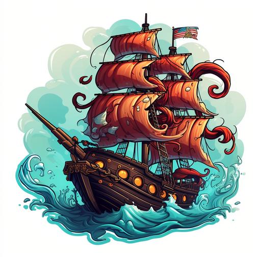 kraken pirat ship funny cartoon sticker design