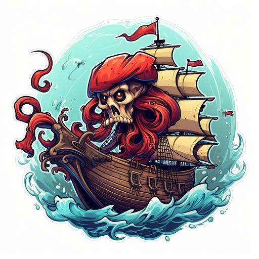 kraken pirat ship funny cartoon sticker design