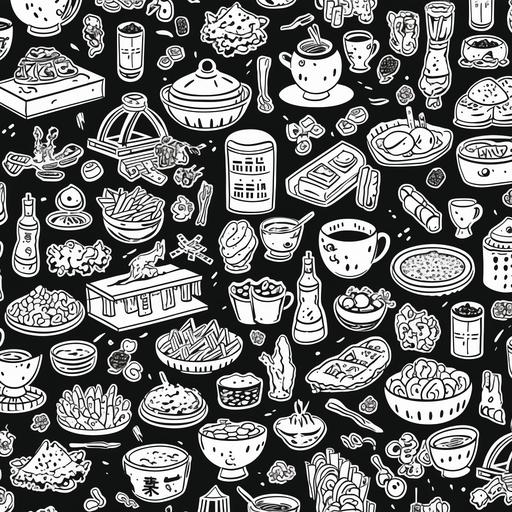 chinese doodle background wallpaper of chinese food , black and white, simple, cartoony, sketch, doodle art, 4k tileable, small doodles of chinese food, chinese cusine, chinese resturant