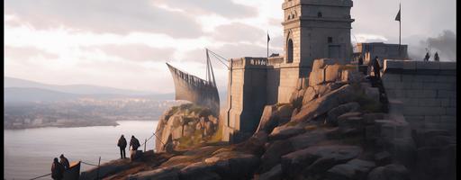movie still. The year is 1850. Old traditional European Architecture City on a rocky hill, Frontal view. in the style of noah bradley and sergey kolesov.   --ar 64:25 --niji 5 --c 10 --stylize 300