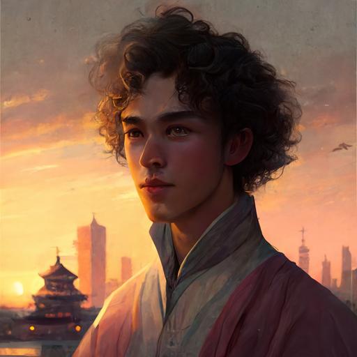 A curly-haired half-breed guy with almond-shaped green eyes and brown hair in traditional Chinese clothes looks at the sunset and the Chinese city