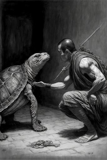 kung fu with turtle, martial arts, animal training, focus and discipline, ancient traditions, action-packed scene, charcoal drawing::9, paper: Strathmore 400 Series Toned Gray, charcoal sticks: General's Extra Soft, kneaded eraser, blending stump --ar 2:3 --v 4