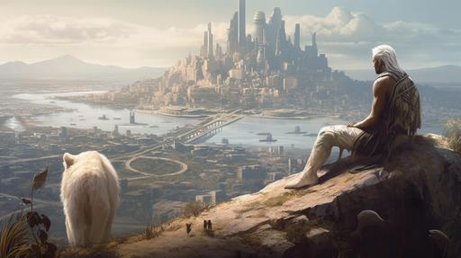 a young white-haired man dressed in rawhide and skins like a native american accompanied by a large mountian lion patterned like a siamese cat crouches on the peak of a hill and looks ahead towards the ruins of a futuristic metropolitan city --ar 16:9 --q 2 --s 1000 --v 5