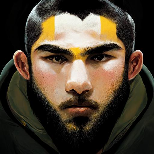 kurdish lookng teenager with thick eye brows and big chest and weird beard and buzz cut standing in a vanderbilt logo hoodie