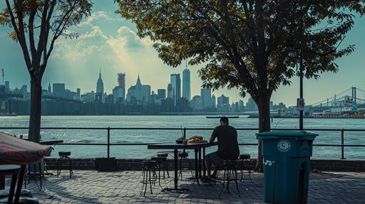 Ultra realistic photograph. Eating tacos downtown, looking over the Hudson river at Hoboken New Jersey. --ar 16:9