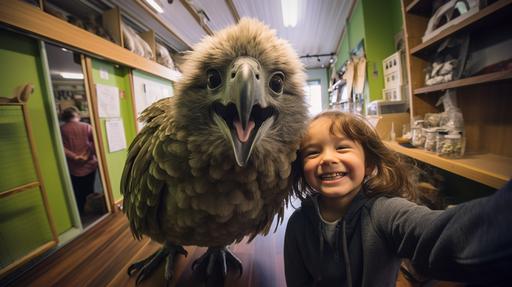 In this phot, a child stands next to a long ago extince giga-kakapo to take a selfy. The room is dim, and specs of dust seem to ride the beams of sunlight cascading into the room from an open window curtain. Take to go the candy stand and follow the plain pastel blue line on the floor to the next location. --ar 16:9