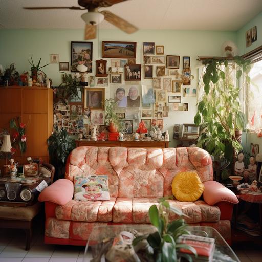 la casa de abuela, stereotypical latin grandmothers house, plastic covered couch, saints on the wall, cuban, 90s, nostalgic, cozy, hispanic, happy, clean