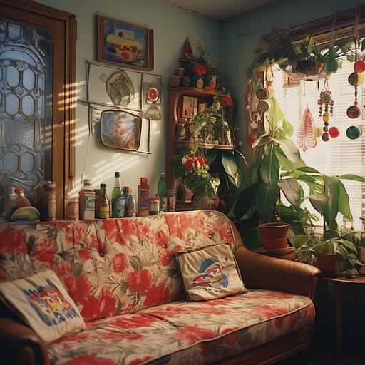 la casa de abuela, stereotypical latin grandmothers house, plastic covered couch, saints on the wall, cuban, 90s, nostalgic, cozy, hispanic