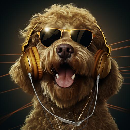 labradoodle, anthropomorphic, headphones, gold chain, big gold teeth, sunglasses, gangster style very powerful, movie light