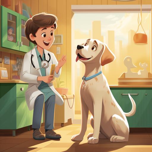 labrador visiting the vet in a dog hero cartoon. Vet helping the dog