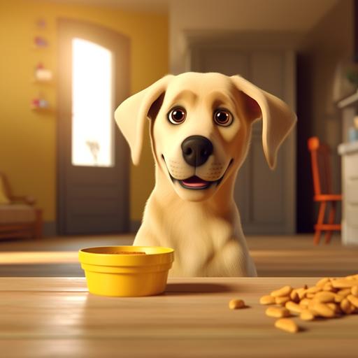 labrador, yellow, eating dry food and having fun. Best friend. Cartoon animation. 4k