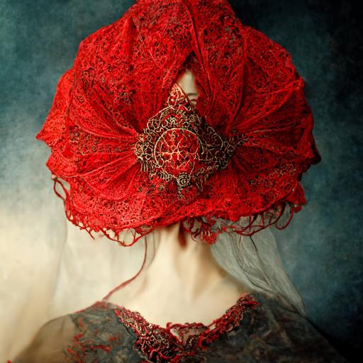 lacy red veil pattern, spanish mantilla, beautiful fan, chiaroscuro light --s 20000