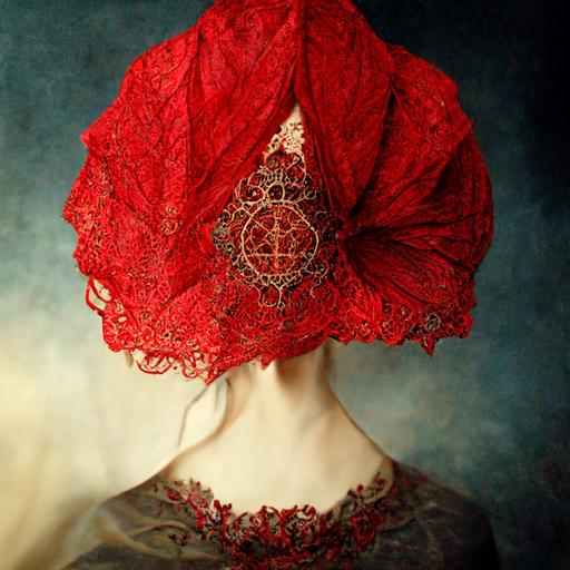 lacy red veil pattern, spanish mantilla, beautiful fan, chiaroscuro light --s 20000
