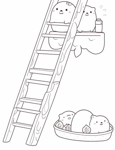 ladder, coloring book, coloring page, line art, black and white, | aesthetic: super kawaii, bold black outlines, illustrations, all lines are crisp and thick and bold, very simple to color | in the style of : Sanrio, Gudetama and Lotte, white background --niji 5 --s 50 --ar 17:22