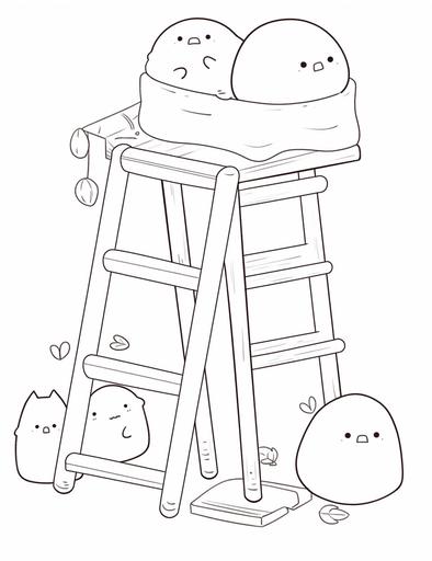 ladder, coloring book, coloring page, line art, black and white, | aesthetic: super kawaii, bold black outlines, illustrations, all lines are crisp and thick and bold, very simple to color | in the style of : Sanrio, Gudetama and Lotte, white background --niji 5 --s 50 --ar 17:22