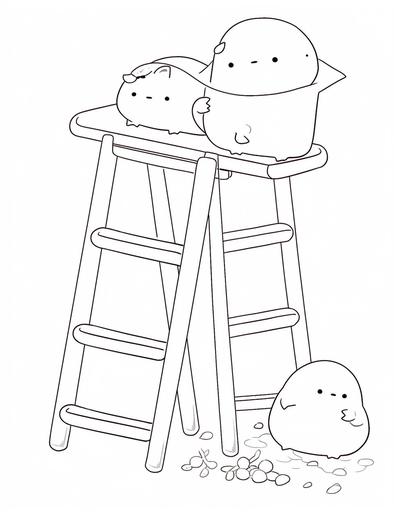 ladder, coloring book, coloring page, line art, black and white, | aesthetic: super kawaii, bold black outlines, illustrations, all lines are crisp and thick and bold, very simple to color | in the style of : Sanrio, Gudetama and Lotte, white background --niji 5 --s 50 --ar 17:22