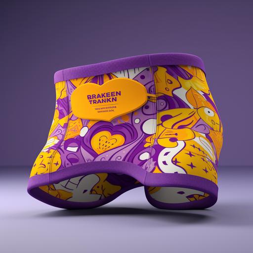 ladies boxer, crazy cartoon designs, purple and yellow, product image mockups, highly detailed, 8K